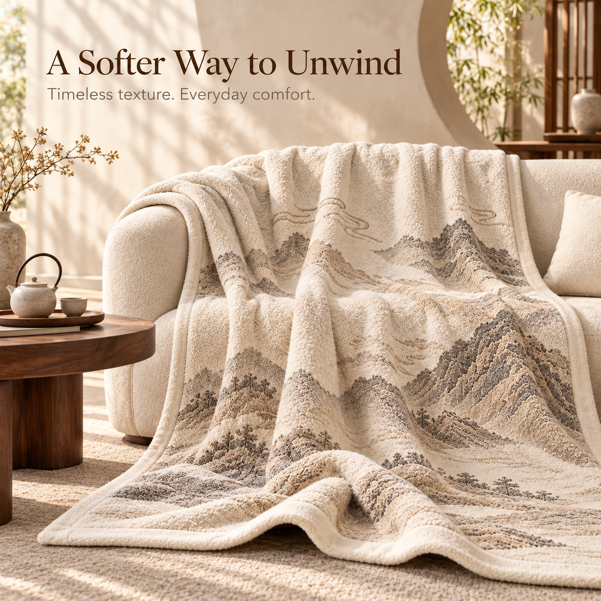 Landscape Jacquard Plush Throw Blanket – Ivory Mountain Pattern