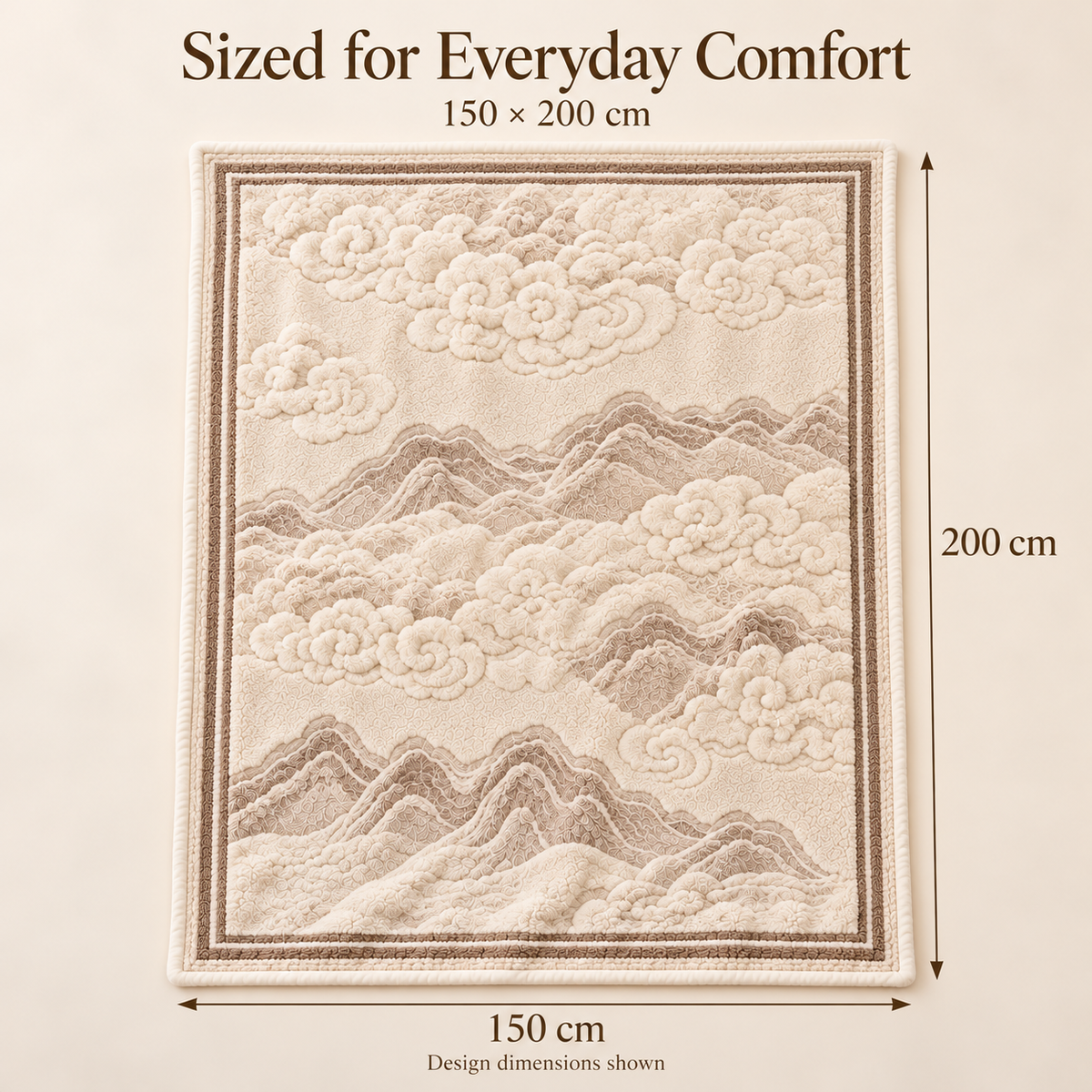 Ivory Cloud Mountain Plush Throw Blanket with Taupe Border – 150 × 200 cm