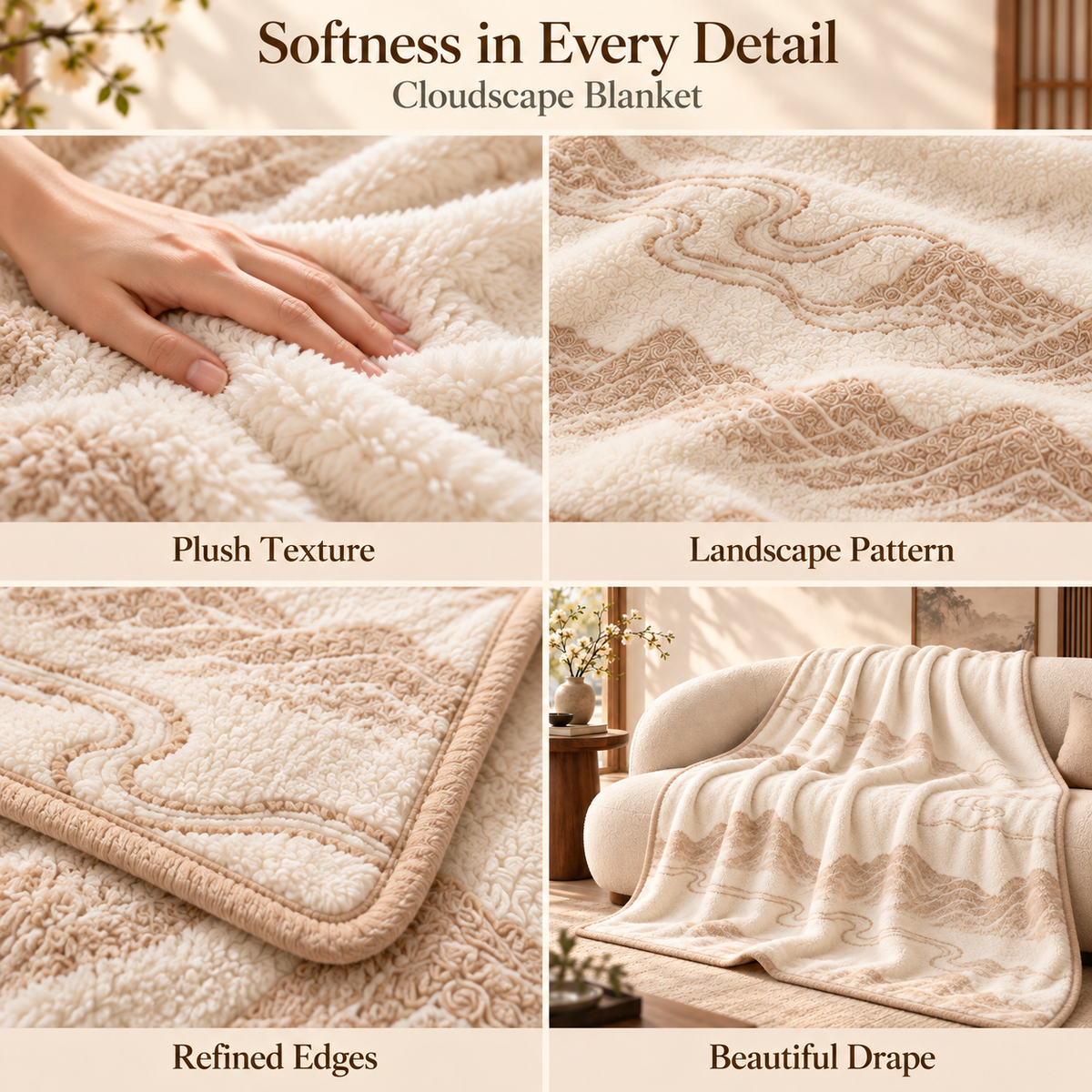 Cloudscape Jacquard Plush Throw Blanket – Cream Ivory Mountain Pattern