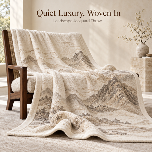 Landscape Jacquard Plush Throw Blanket – Ivory Mountain Pattern