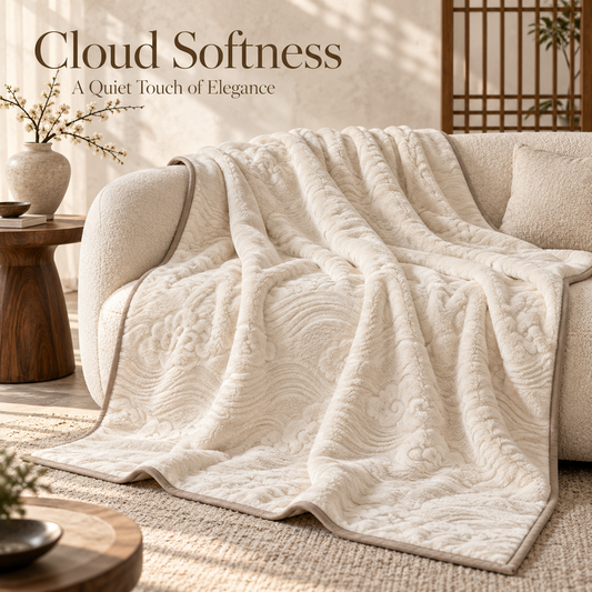 Ivory Cloud Wave Plush Throw Blanket with Taupe Border – 150 × 200 cm