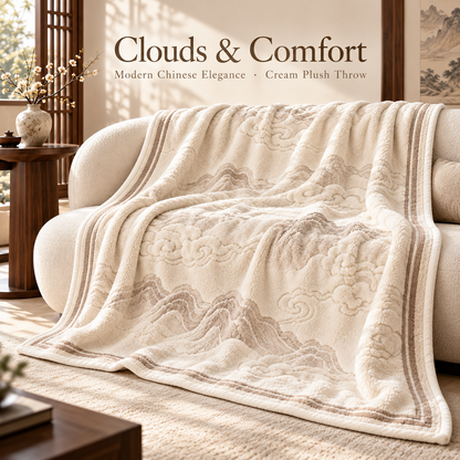 Ivory Cloud Mountain Plush Throw Blanket with Taupe Border – 150 × 200 cm