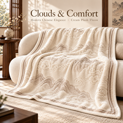 Ivory Cloud Mountain Plush Throw Blanket with Taupe Border – 150 × 200 cm