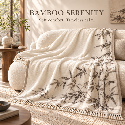 Bamboo Serenity Jacquard Throw Blanket with Tassel Fringe – Ivory Cream