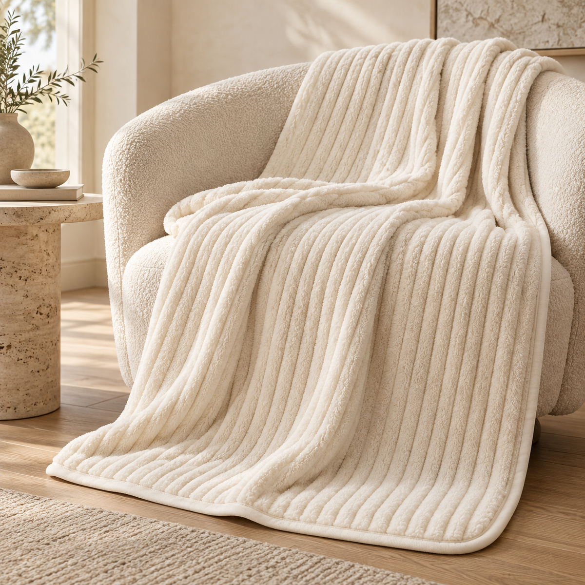 Cream Ribbed Plush Throw Blanket – 150 × 200 cm