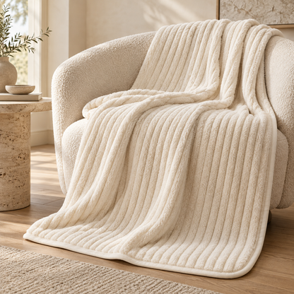 Cream Ribbed Plush Throw Blanket – 150 × 200 cm