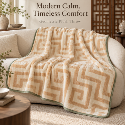 Geometric Plush Throw Blanket with Sage Green Trim