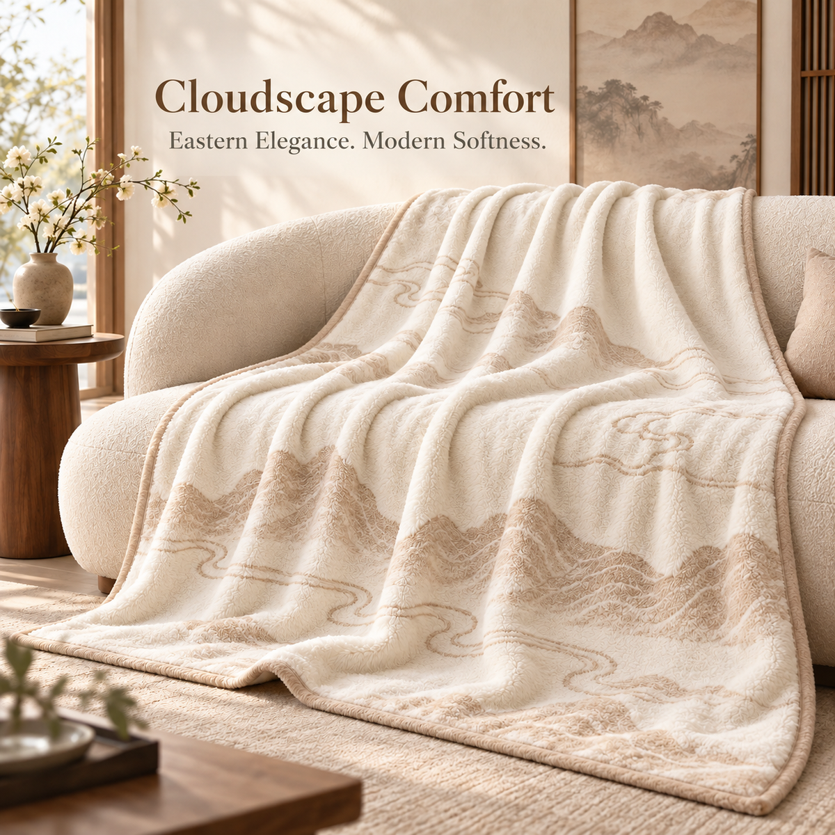 Cloudscape Jacquard Plush Throw Blanket – Cream Ivory Mountain Pattern