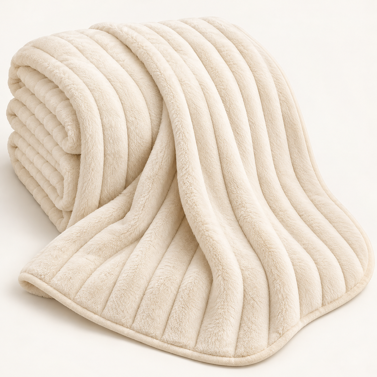 Ivory Ribbed Plush Throw Blanket – 150 × 200 cm