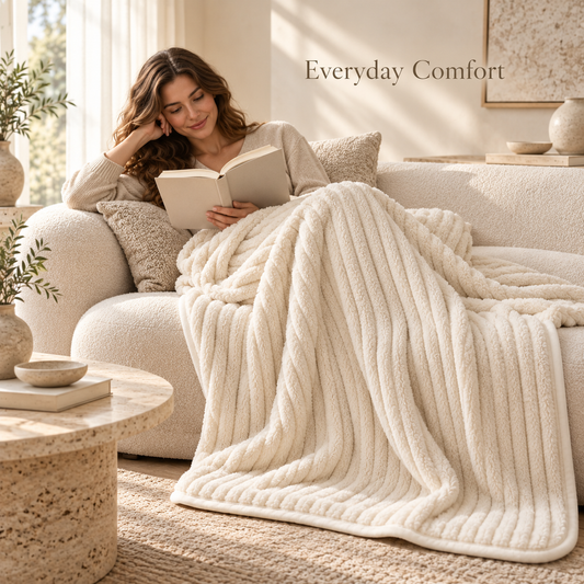 Cream Ribbed Plush Throw Blanket – 150 × 200 cm