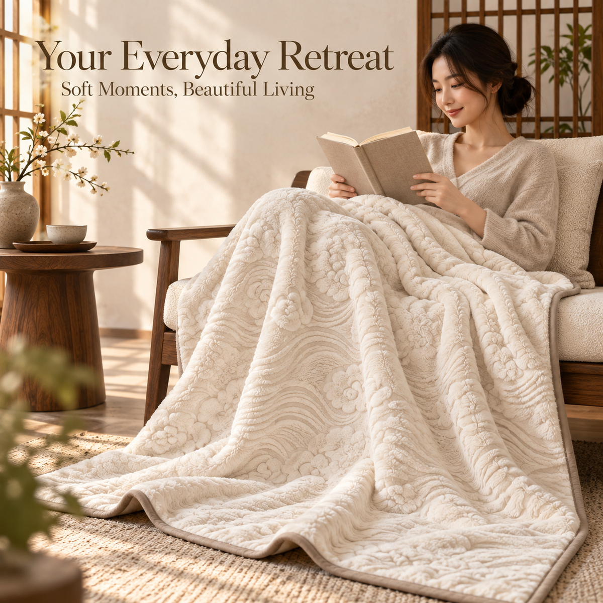 Ivory Cloud Wave Plush Throw Blanket with Taupe Border – 150 × 200 cm