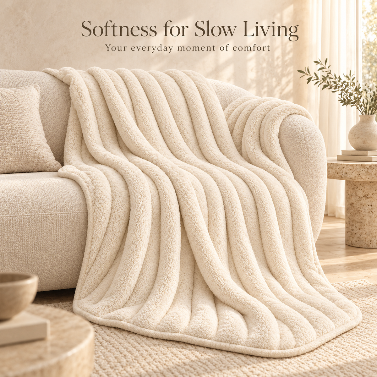 Ivory Ribbed Plush Throw Blanket – 150 × 200 cm