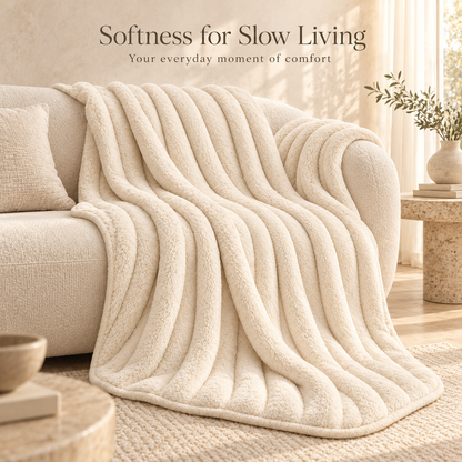 Ivory Ribbed Plush Throw Blanket – 150 × 200 cm