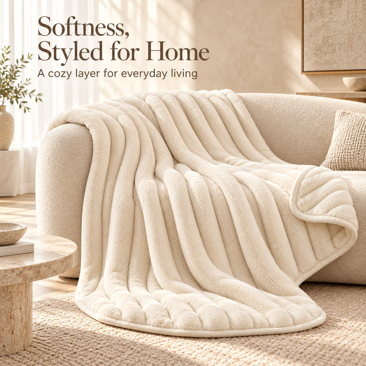 Ivory Plush Ribbed Throw Blanket
