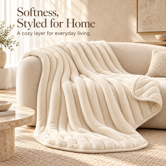 Ivory Plush Ribbed Throw Blanket