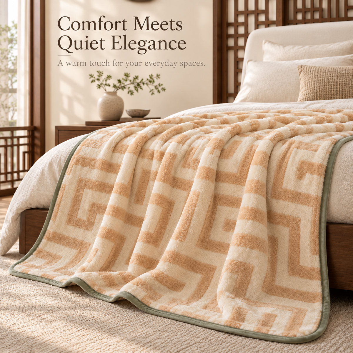 Geometric Plush Throw Blanket with Sage Green Trim