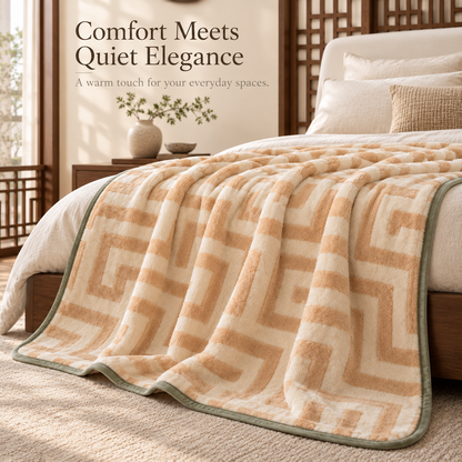 Geometric Plush Throw Blanket with Sage Green Trim
