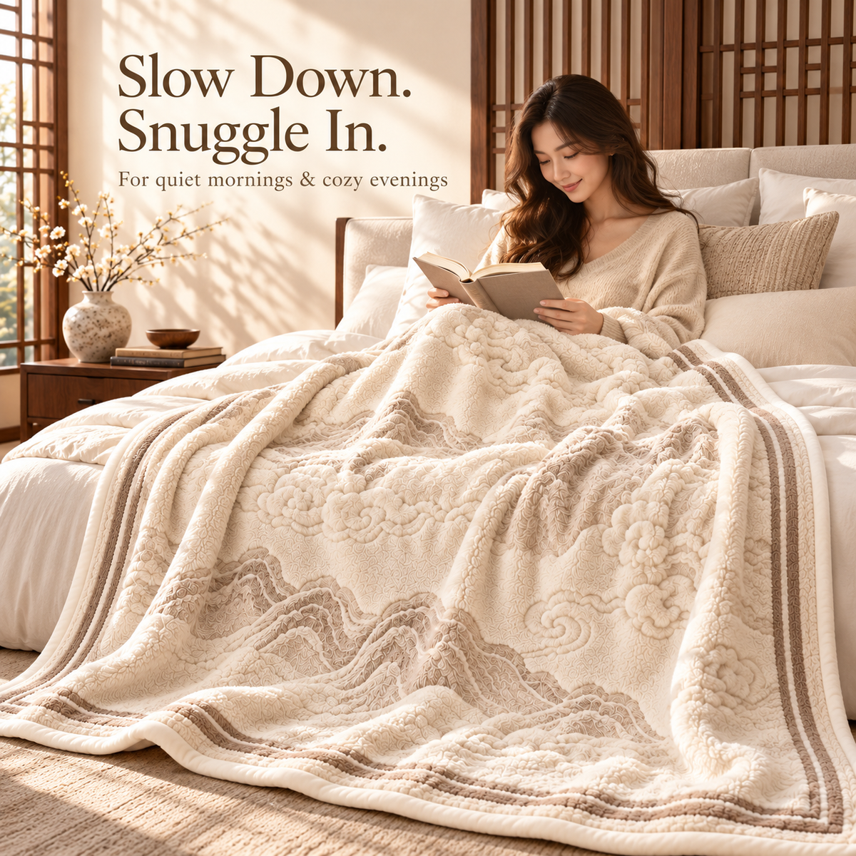 Ivory Cloud Mountain Plush Throw Blanket with Taupe Border – 150 × 200 cm