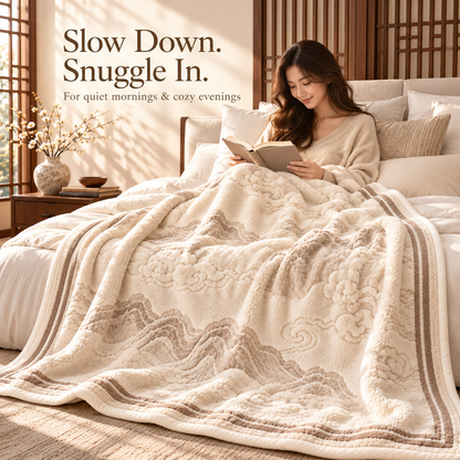 Ivory Cloud Mountain Plush Throw Blanket with Taupe Border – 150 × 200 cm