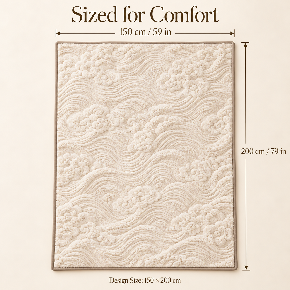 Ivory Cloud Wave Plush Throw Blanket with Taupe Border – 150 × 200 cm