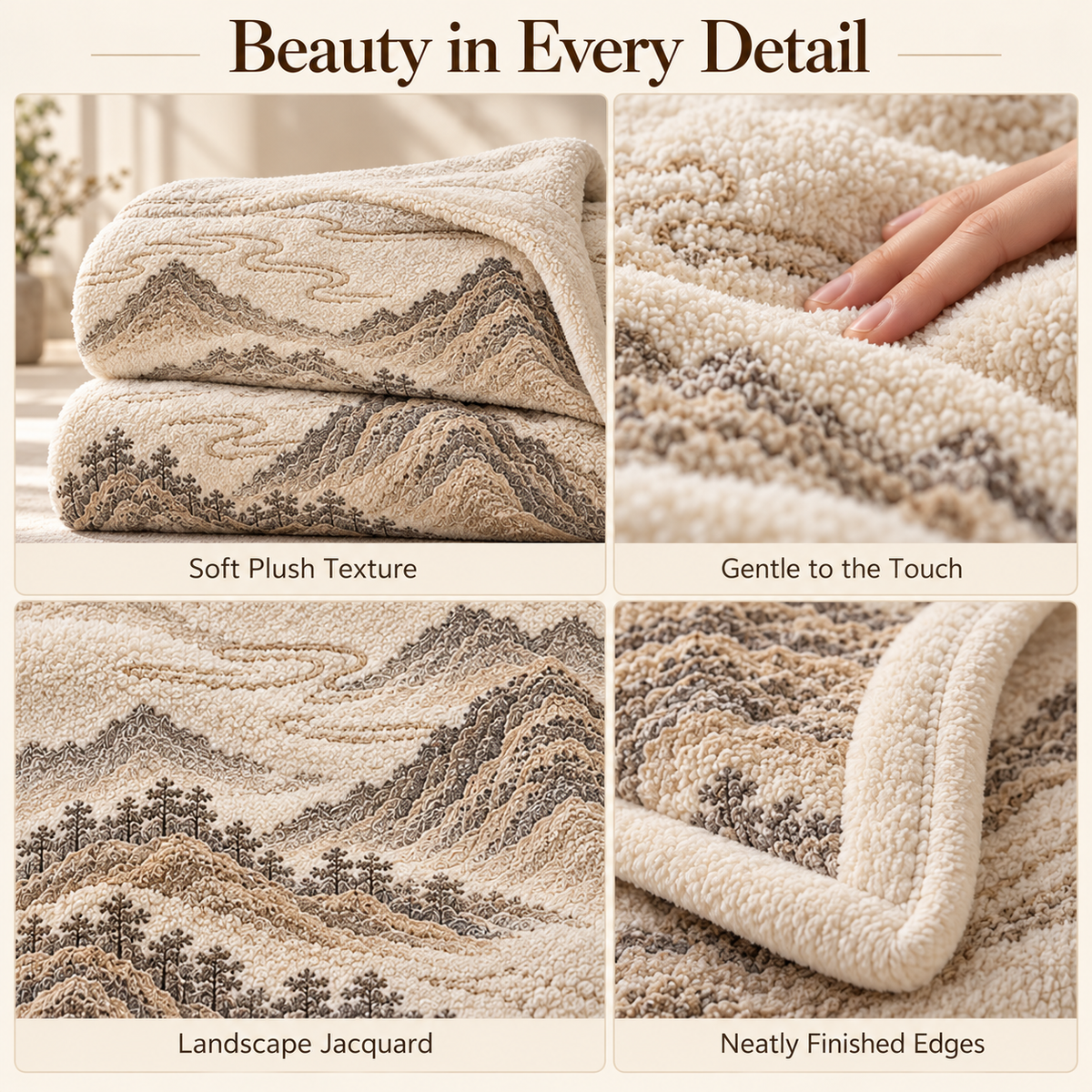 Landscape Jacquard Plush Throw Blanket – Ivory Mountain Pattern