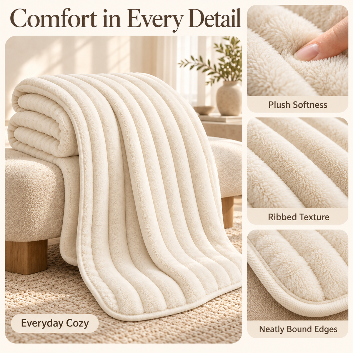 Ivory Plush Ribbed Throw Blanket