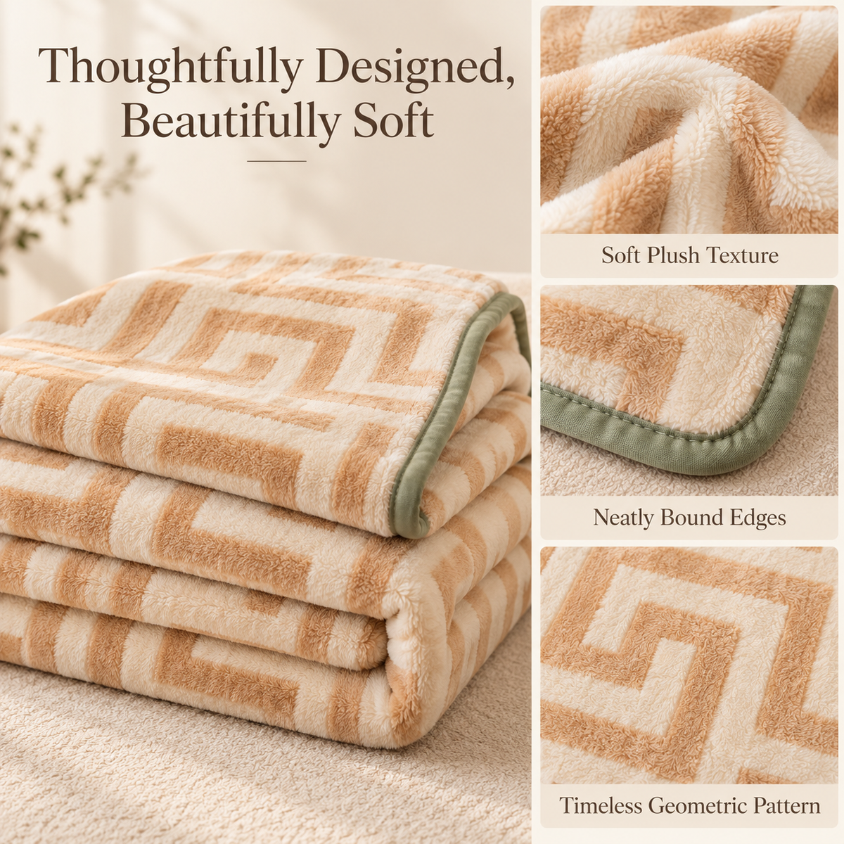 Geometric Plush Throw Blanket with Sage Green Trim