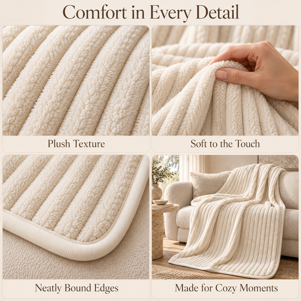 Cream Ribbed Plush Throw Blanket – 150 × 200 cm