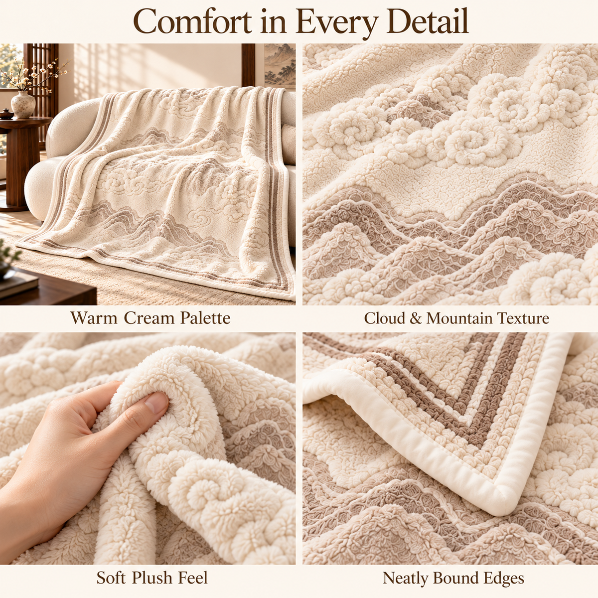 Ivory Cloud Mountain Plush Throw Blanket with Taupe Border – 150 × 200 cm