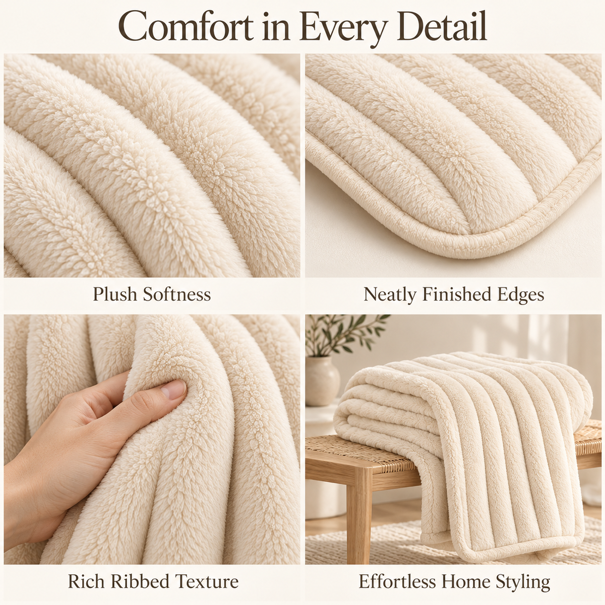 Ivory Ribbed Plush Throw Blanket – 150 × 200 cm