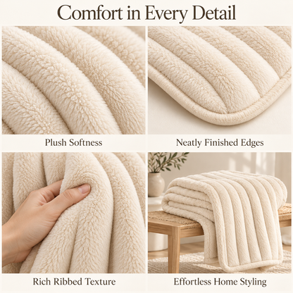 Ivory Ribbed Plush Throw Blanket – 150 × 200 cm