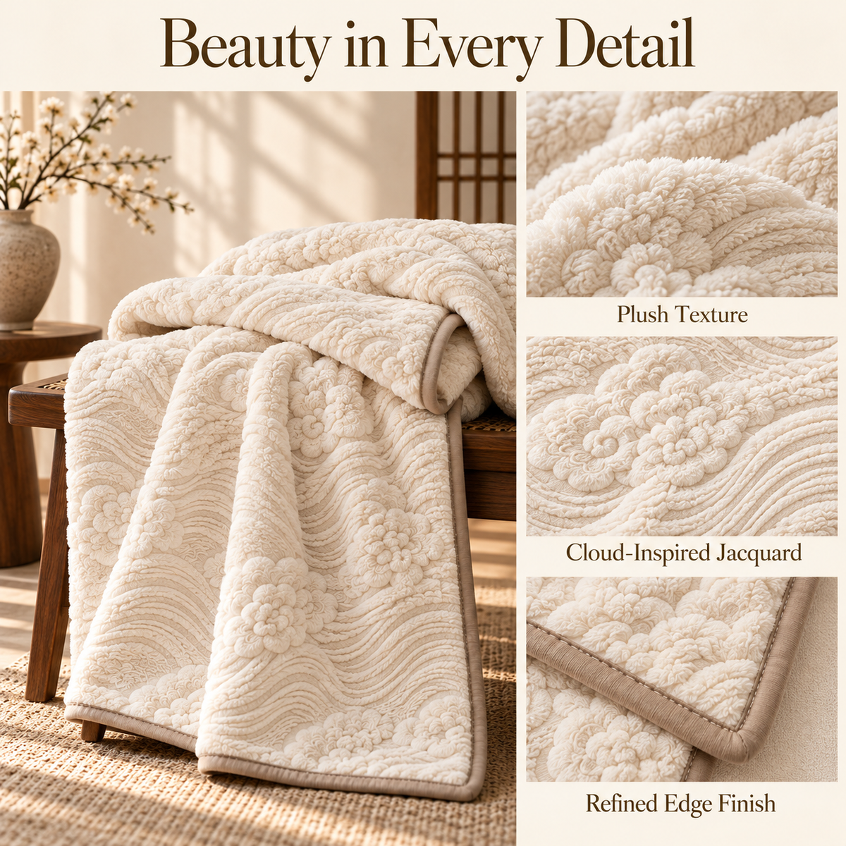 Ivory Cloud Wave Plush Throw Blanket with Taupe Border – 150 × 200 cm
